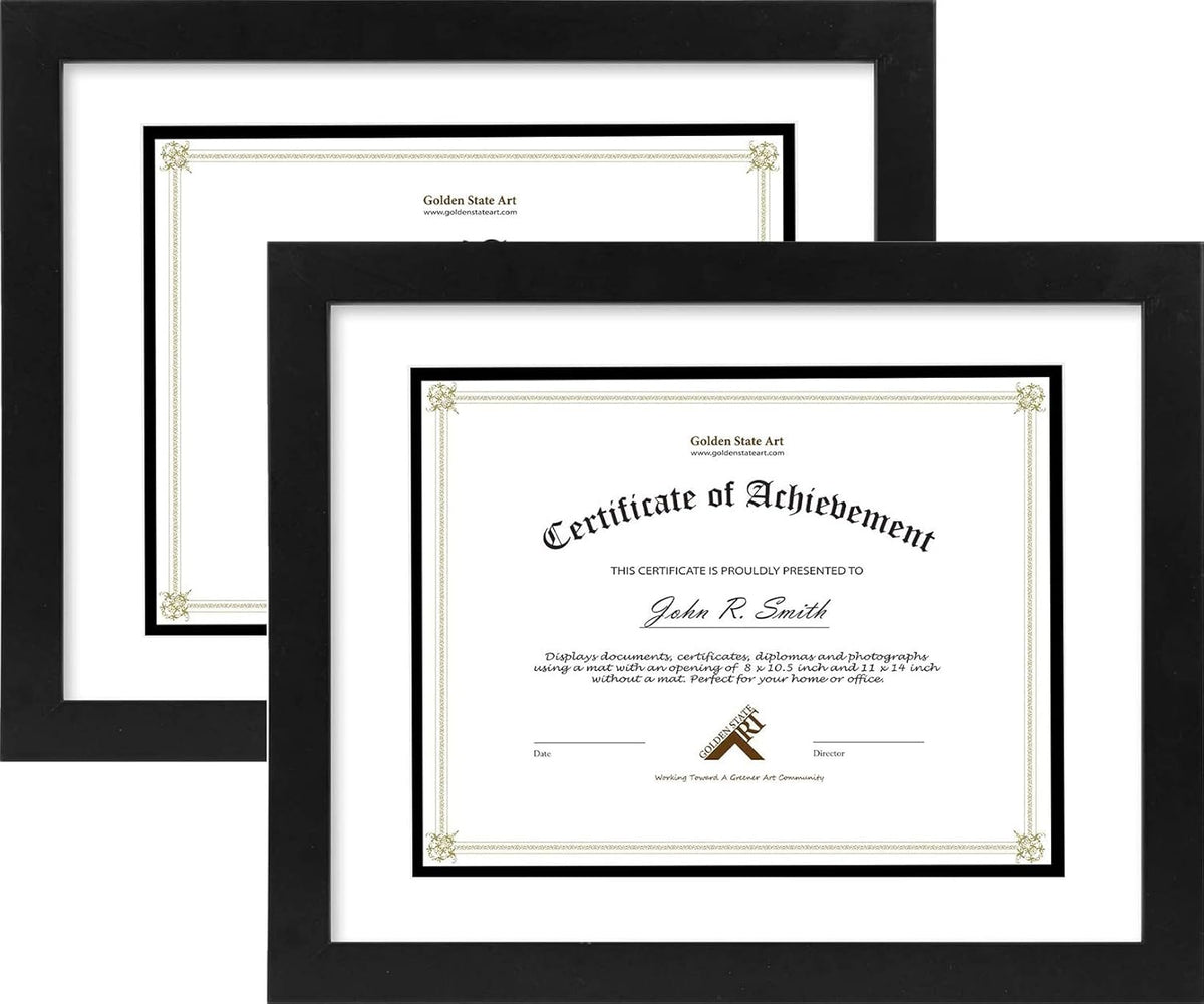 Golden State Art 11x14 Diploma Frame for 8.5x11 Document,Solid Wood/Glass | Fit For 11X14 Document & Certificates Without Mat,Double Mat(White With Black) ,Black ,2 Pack