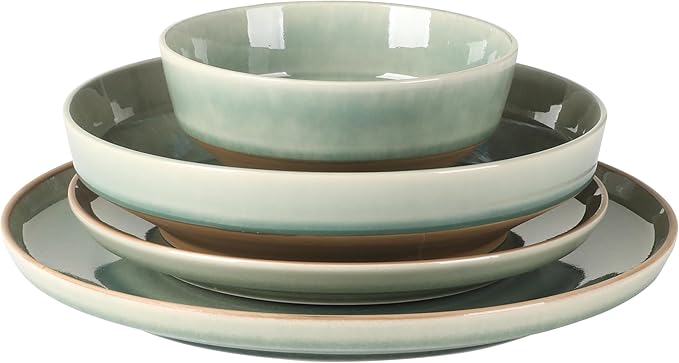 Gibson Elite Hailstone 16 Piece Stoneware Reactive Glaze (Service for 4) Ceramic Plates and Bowls Dinnerware Set - Tropical Green