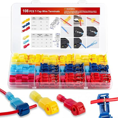 108 Pcs T-Tap Wire Connectors Kit, Quick Splice Self-Stripping Electrical Wire Terminals for Speaker Car Audio, Nylon Fully Insulated Male Quick Disconnects for Automotive Wiring (22-10 AWG)