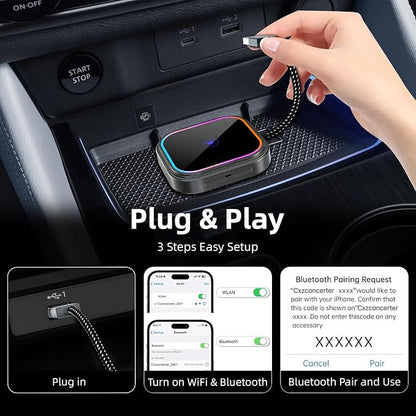 2-in-1 Wireless CarPlay Adapter, for Android Auto to CarPlay Converter Plug-and-Play Supports Original Car Controls with USB-A and USB-C Connectors