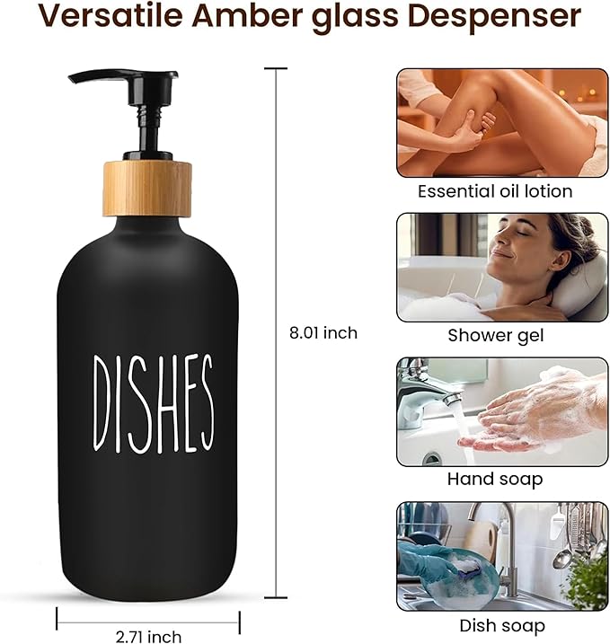 Sunrise Premium 16 OZ Thick Black Glass Soap Dispenser, Bamboo Pump