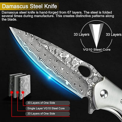 KOMWERO Damascus Pocket Knife for Men, VG10 Core Damascus Steel Folding Knife with Wood Handle, Ball Bearing, Thumb Hole, Liner Lock, Sheath for EDC Outdoor Survival Hunting