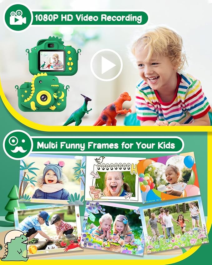 Kids Camera, Dinosaur Toddler Digital Camera for Ages 3-12 Boys Girls Childrens, Christmas Birthday Gifts, Selfie 1080P HD Video Camera for 3 4 5 6 7 8 9 Years Old Boys Girls Toys Gifts
