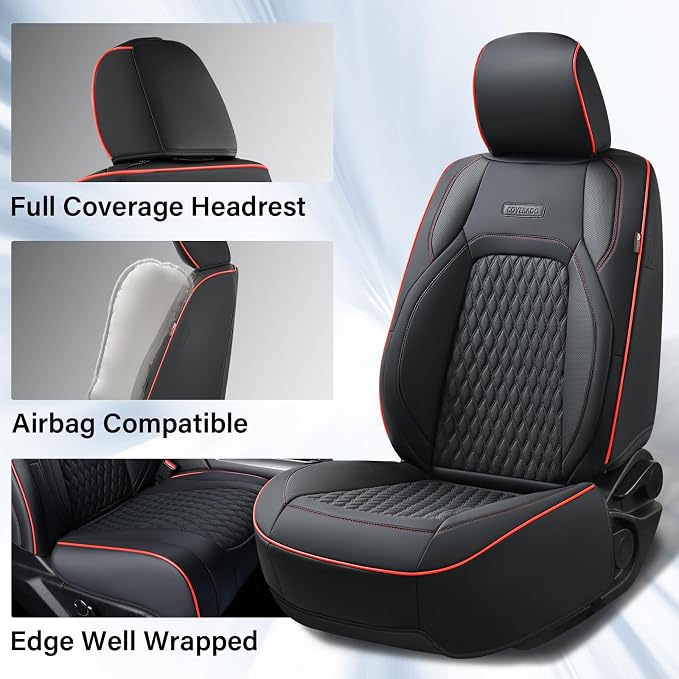 Coverado Car Seat Covers Full Set, Seat Covers for Dodge RAM 1500 Compatible with 2009-2018 Ram 1500, 2010-2024 Ram 2500 3500 Dodge RAM Accessories Automotive Seat Covers (Red line)