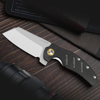 Kizer C01C XL Sheepdog Pocket Knife, 3.9" 14C28N Sheepsfoot Blade EDC Folding Knife with Black Burlap Norplex UltreX??Micarta Handle, Liner Lock, Flipper, Camping Knives for Men Women, V5488M2