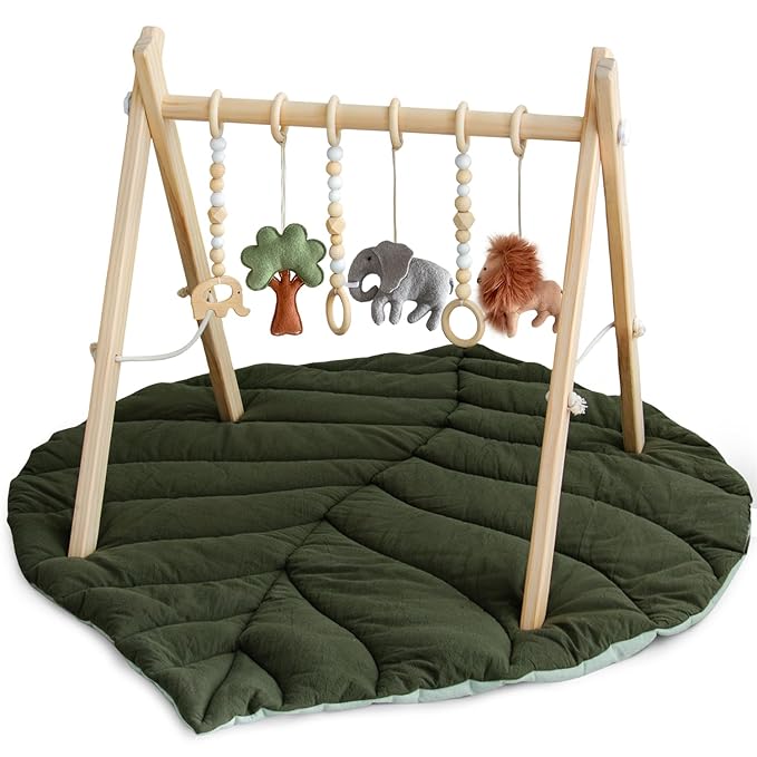 Razee Wooden Baby Play Gym Activity Mat, Leaf Shaped Play Mat Baby Gym with 6 Hanging Sensory Toys Foldable Baby Gym Newborn Infant Baby Use