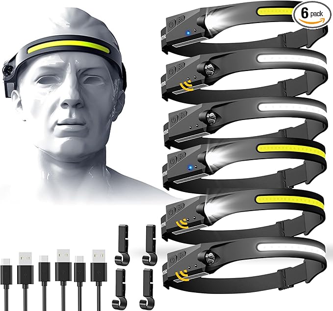 Rechargeable Headlamp 6 PCS, 230°Beam Headlamp for Adults, 6 Mode Camping & Spotlight, Motion Sensor, Lightweight Headlights Flashlight