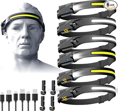 Rechargeable Headlamp 6 PCS, 230°Beam Headlamp for Adults, 6 Mode Camping & Spotlight, Motion Sensor, Lightweight Headlights Flashlight