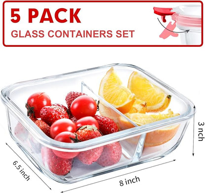 VERONES 5 Pack Glass Meal Prep Containers 2 Compartment Set, 36OZ Airtight Glass Lunch Containers, Glass Food Storage Containers with Lids, for Microwave, Oven, Freezer & Dishwasher Friendly,Red