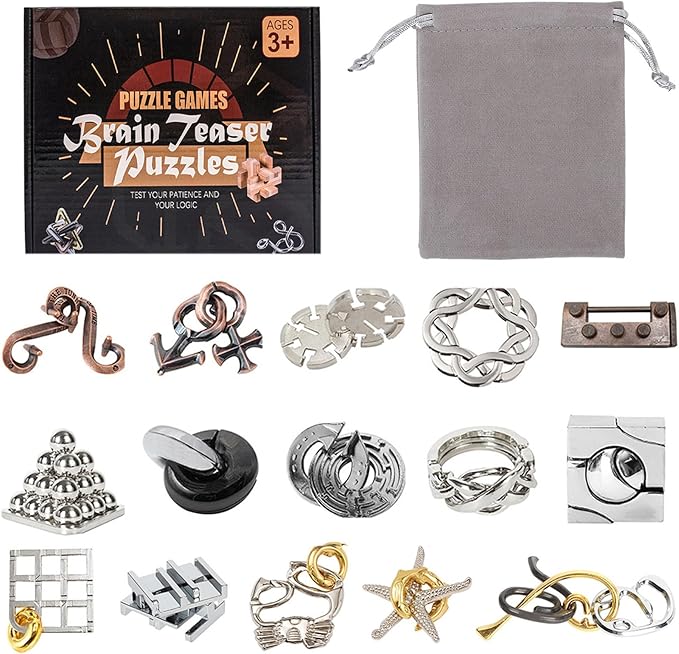 VolksRose 15pcs Brain Teaser Puzzles, Metal Wire Puzzles Set, Mind Smart Game IQ Challenge Puzzle Games, Educational IQ Test Unlock Interlocking Toy Lock Puzzles Gift for Adults Teenagers
