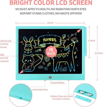 LCD Writing Tablet for Kids, 15 Inch Colorful Electronic Doodle Board, Educational Learning Kids Drawing Tablet Toys, Christmas Birthday Gift for 3 4 5 6 7 8 9 Year Old Girls Boy