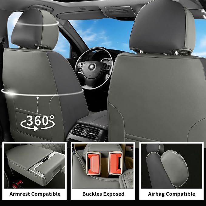 Car Seat Covers Compatible with Hyundai Santa Fe 2009-2025 2026 - Full Set 5 Seats Luxury Leather All-Weather Seat Cushions & Protectors, Waterproof & Breathable, Airbag Compatible (Gray)