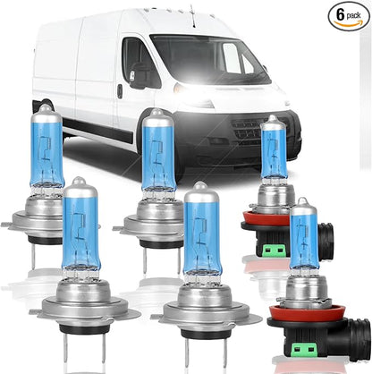 Fit for 2014-2022 Ram ProMaster 1500 2500 3500 High Performance Halogen Headlight Bulbs,H7 High Beam + H7 Low Beam + H11 Fog Light Replacement Bulb Kit,Pack of 6