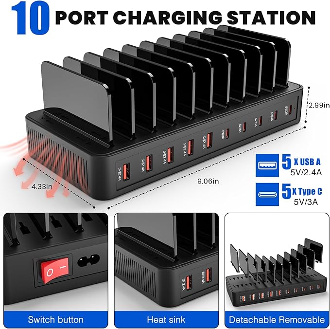 RISWOJOR Charging Station for Multiple Devices, 100W 10 Ports Charging Dock