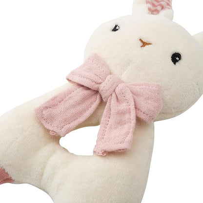 Organic Cotton Stuffed Animal Rattle Baby Toys, Plush Bunny Cuddle Cloth and Hand Grip Ring Rattles Plush Toy Set for Newborns Infant Boys Girls, 2 PCS