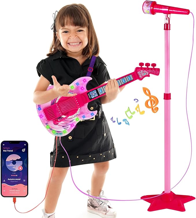 Guitar and Microphone Play Set for Girls,Karaoke Machine with Music&Light,Microphone Toys with Stand,Adjustable Height Guitar Toys for Kids,Toddlers,Child(Red)