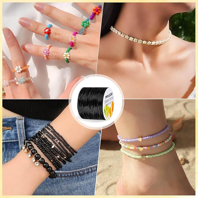 PAXCOO 1.4 MM Elastic String for Bracelets, Stretch Magic Elastic String Bead Cord Jewelry Thread for Friendship Bracelet, Necklaces, Clay Beads, Pony Beads (Black)