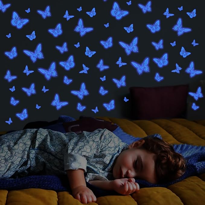 SAOROPEB Glow in The Dark 3D Butterfly 24 Pcs 3 Sizes, Luminous Butterfly Stickers for Ceiling or Wall, Glow in The Dark Party Supplies, Removable Luminous Stickers for Kids Babys Nursery (Blue)