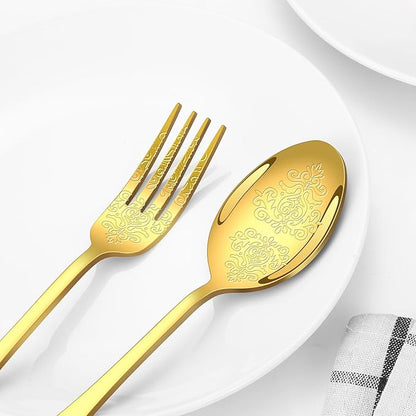 20 Pcs Gold Silverware Set for 4 with Classical Flower Embossed Design, Food Grade Stainless Steel Flatware Set, Eating Utensils Sets Include Fork/Knife/Spoon, Cutlery Set, Dishwasher Safe