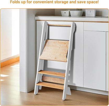 COSYLAND Foldable Toddler Standing Tower - Adjustable Height Folding Step Stool Kids Toddler Kitchen Stool Helper for Learning and Cooking - Ages 18 Months to 6 Years with Safety net Natural & White