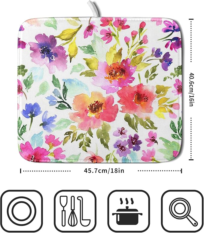 Spring Floral Dish Drying Mat for Kitchen Counter Flower Microfiber Absorbent