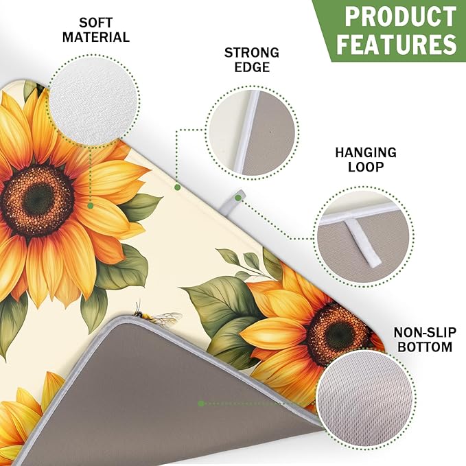 Spring Summer Dish Drying Mat 16x18 Inch Absorbent Reversible Sunflower Drying