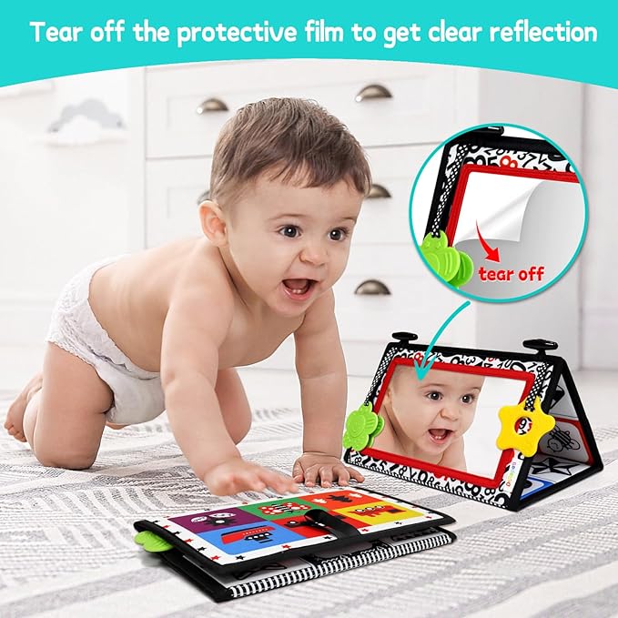 Dr.Rapeti Tummy Time Floor Mirror for Baby Infant Toddler Kids Black and White High Contrast Baby Toy with Teethers Floor Activity Toy Washable Non-Toxic