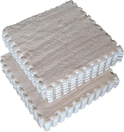 16pcs 0.6" Thickened Interlocking Tile Mats,Fluffy Shaggy Soft EVA Foam Area Rug for Living Room & Bedroom,Non-Slip Protective Floor Carpet Play Mat Kids Baby Dorm Home Decor (11.8ft, Khaki)