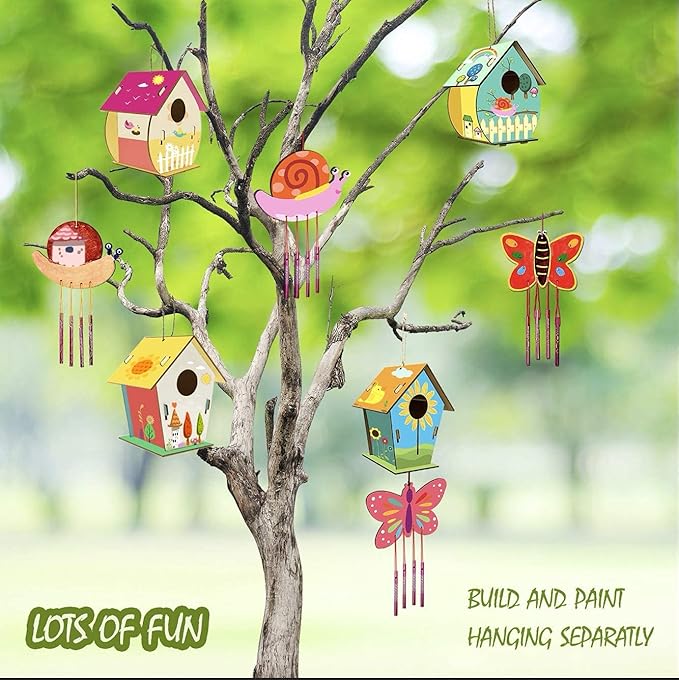 4 Pack DIY Bird House Wind Chime Kits for Children to Build and Paint, Wooden Arts and Crafts for Kids Girls Boys Toddlers Ages 8-12 4-6 6-8