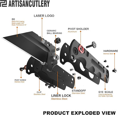 ARTISANCUTLERY Tactical Knife Proponent Normal Size(1820P) D2 Steel Black PVD Blade, Folding Pocket Knife with G10 Handle, Black