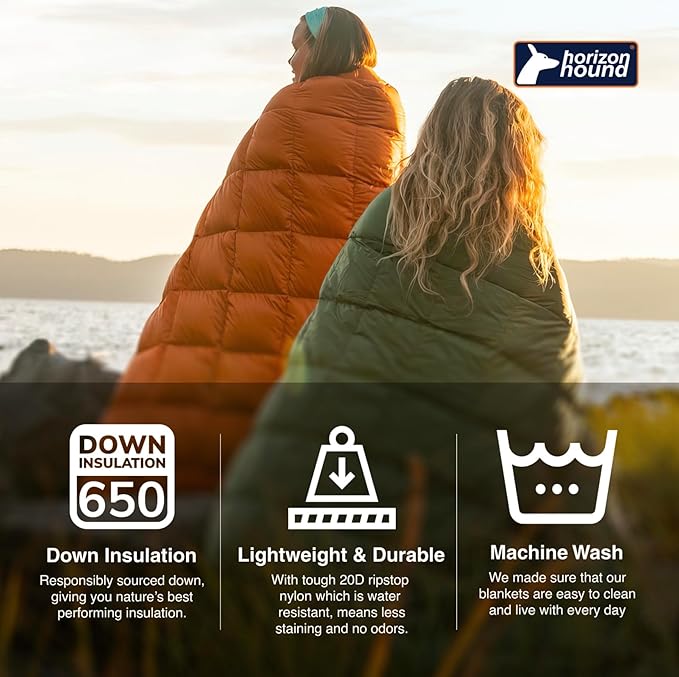 Horizon Hound Down Camping Blanket - Outdoor Travel Quilt | Sustainable, Insulated, Lightweight & Warm Gear for Sleep, Camping, Stadium, Hiking & Festivals | Water Resistant, Packable & Compact