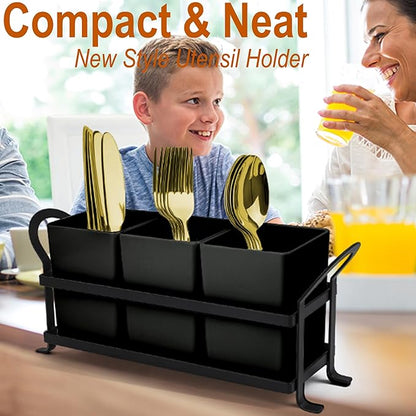 Cutlery Holder with Drain Holes, Silverware Caddy for Party Countertop, 3pcs Bins Set Utensil Holders for Spoon and Fork, Black