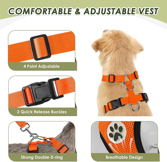 Lukovee Dog Car Harness Seat Belt, Adjustable Mesh Breathable Vest with Elastic Bungee Tether, Soft Padded 2-in-1 Safety Car Harness Seatbelt for Small Medium Large Dogs (Orange,XXS)