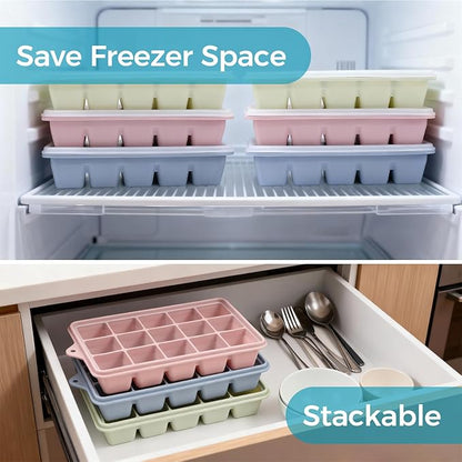 Silicone Ice Cube Trays with Lids 3-Pack, 15-Cavity Ice Tray Set