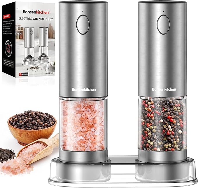 Bonsenkitchen Electric Salt and Pepper Grinder Set Rechargeable, 95ml Large
