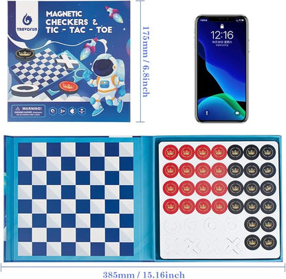 2-in-1 Checkers & Tic-Tac-Toe Board Game | Magnetic Travel Games for Kids 8-12 | Plane Activities for Kids Ages 8-12 | Foldable Magnetic Checkers & Travel Activities (Ages 3-12)