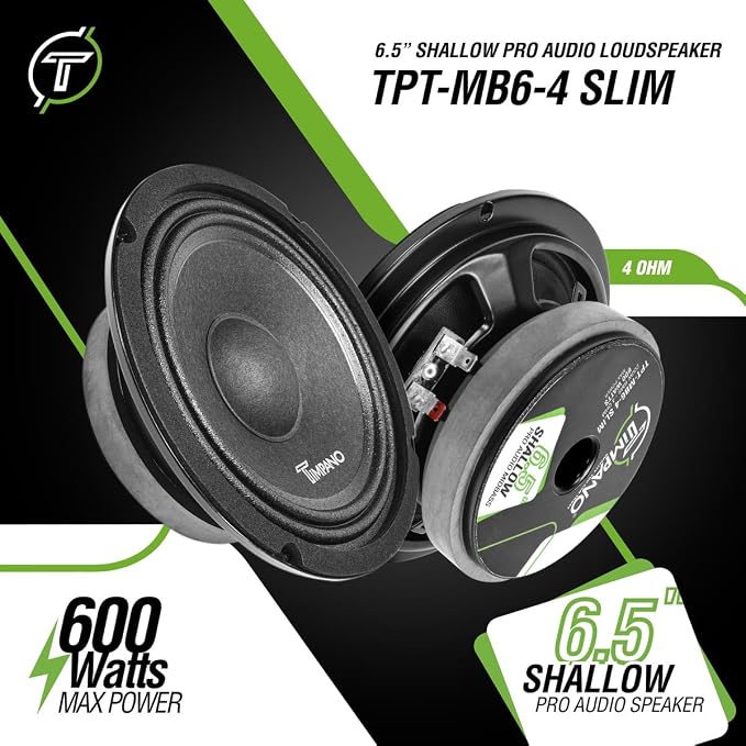 Timpano 6.5 Inch Shallow Car Speaker 600 Watts TPT-MB6-4 Slim Shallow Profile 4 Ohm, PRO Midbass Car Audio Loudspeaker Compact for Doors (Single)