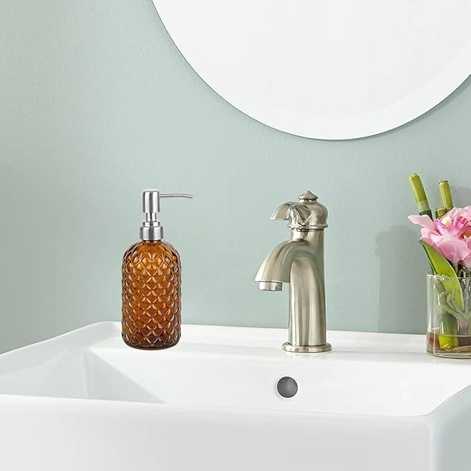 16 oz Diamond Pattern Glass Soap Dispenser, Kitchen and Bathroom Refillable