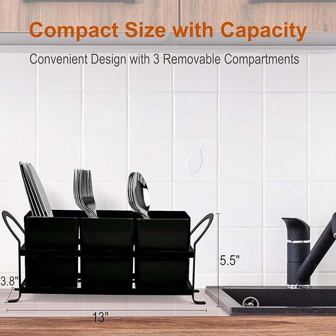 Cutlery Holder with Drain Holes, Silverware Caddy for Party Countertop, 3pcs Bins Set Utensil Holders for Spoon and Fork, Black