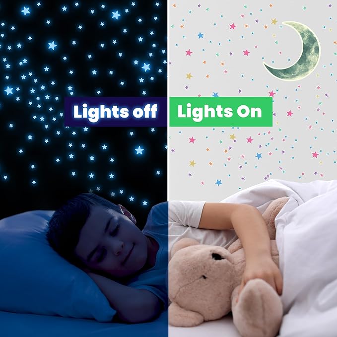 Glow in The Dark Stars and Moon for Ceiling, Luminous Star and Moon Wall Decals, Wall Decor, Sticky Fluorescence Ceiling Stars, Gift for boy and Girl,Kids Nursery Bedroom Living Room(Mixed Colors)