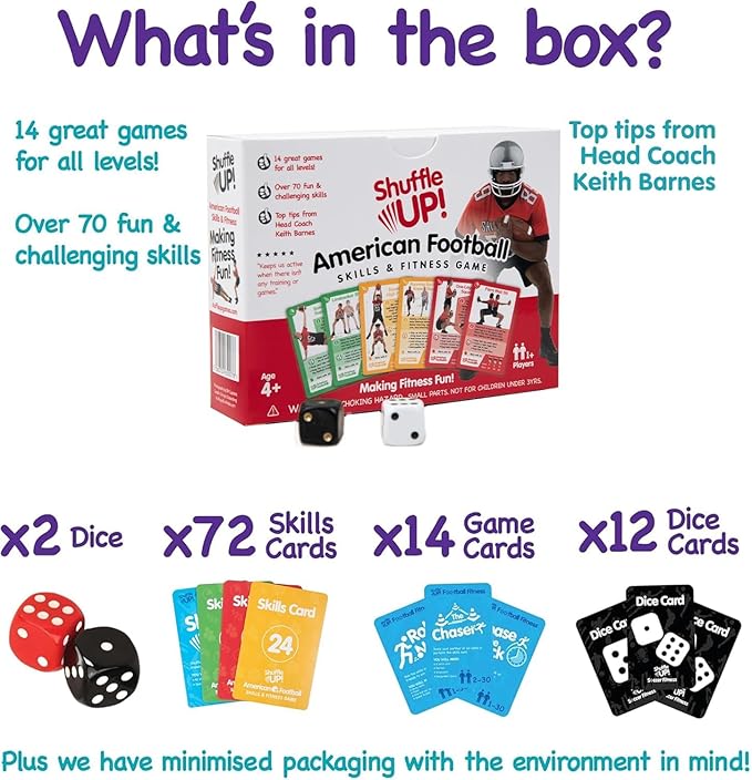 Shuffle Up American Football Card Game – Kids Outdoor Garden Games with 70+ Fun & Active Fitness Workout Cards, American Football Gifts for Boys & Girls, Fun Family Games
