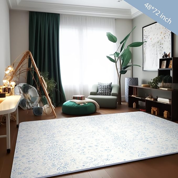 Extra Large Baby Play Mat - 4FT x 6FT Non-Toxic Foam Puzzle Floor Mat for Kids & Toddlers (Persia Handmade Pattern, Blue and White)