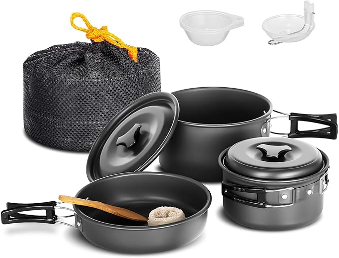 Lixada 10pcs Camping Cookware Mess Kit, Non-Stick Lightweight Stackable Pot Pan Bowls Camping Cooking Set with Storage Bag, Portable Outdoor Cookware Accessories for Backpacking Hiking Picnic