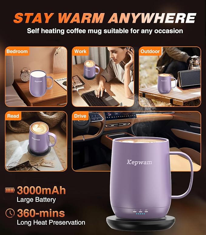 Kepwam Self Heating Coffee Mug T2, 16oz Smart Heated Coffee Mug, 150 Min