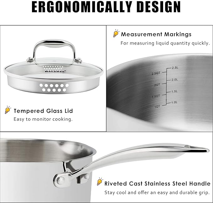 Rorence 3-Quart Saucepan with Lid: Pour and Strain Stainless Steel Sauce Pan