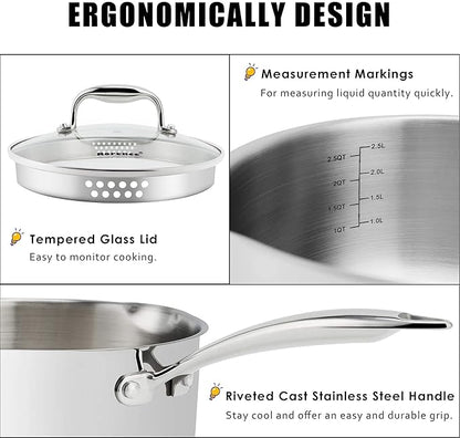 Rorence 3-Quart Saucepan with Lid: Pour and Strain Stainless Steel Sauce Pan