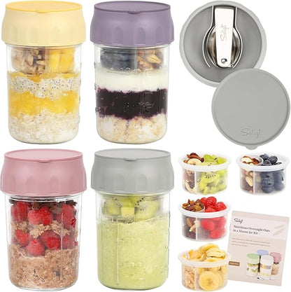 SOLIGT 4 Pack Overnight Oats Containers with Lids, Folding Spoons and Divided Compartments for Fruit & Nuts, Small Glass 16oz Mason Jars for Oatmeal Yogurt Parfait