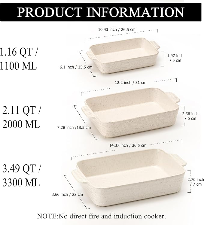 Ceramic Baking Dish Set of 3, Casserole Dishes