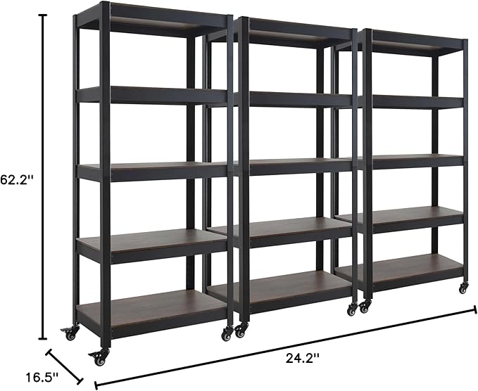 HOMEDANT House 5-Tier Metal Rolling Cart Shelf Rack Casters Heavy Duty Laminated Wheel Shelving Unit Adjustable Utility Storage Shelves Organizer Shelf Kitchen Garage 24.4" W x 16.5" D x 62.2" H 3Pack