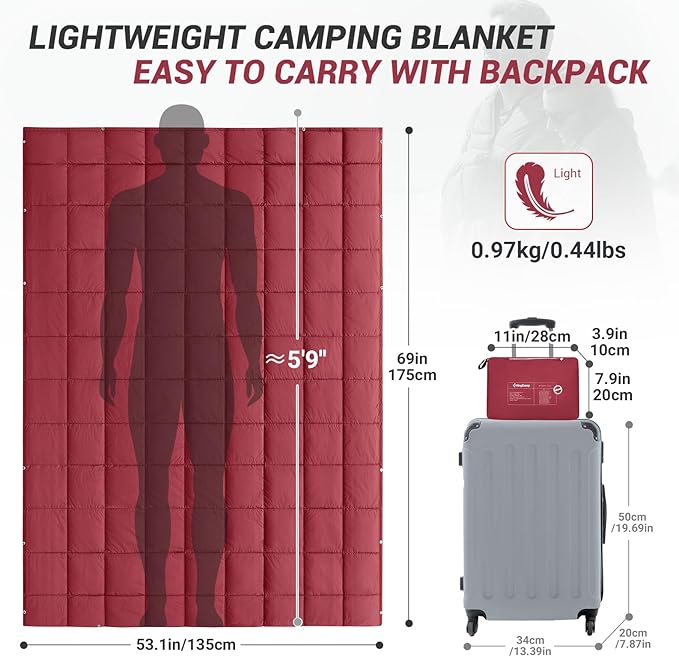 KingCamp Ultralight Camping Blanket, Packable Down Alternative Puffy Wearable Blankets Weatherproof Warm Package Quilt with Snap Buttons for Outdoor Hiking Travel, Picnic Stadium, (69" x 53" Crimson)